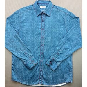 Marcello Italian Fabric Long Sleeve Button Down Shirt Blue Geometric Dot Mens XL